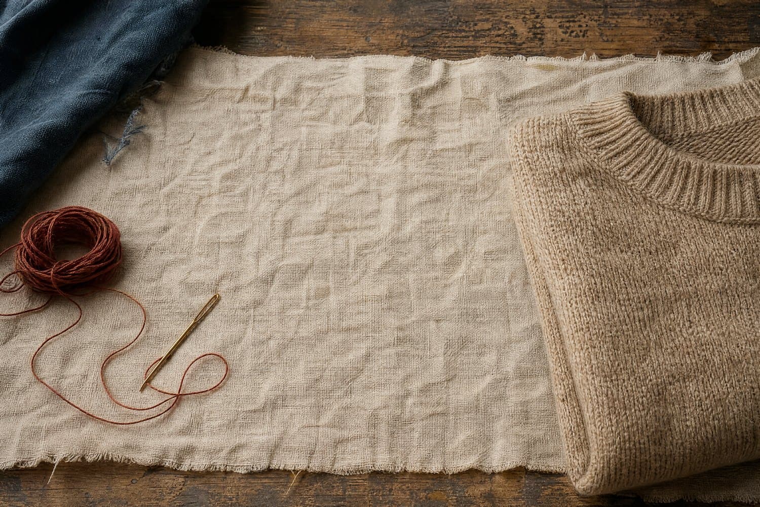 A worn wooden work surface seen from above with unbleached linen laid across it, a folded wool jumper at one edge and a brass needle and madder thread at the other