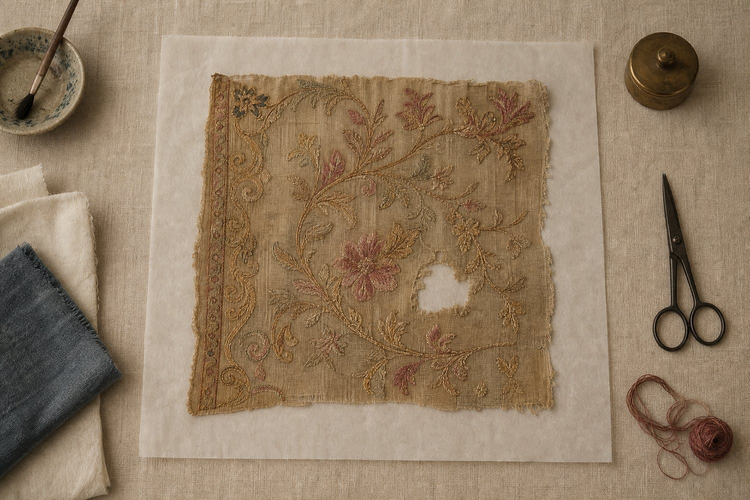 A fragment of antique silk with fine hand embroidery laid flat on acid-free tissue, with one small area of loss in the weave