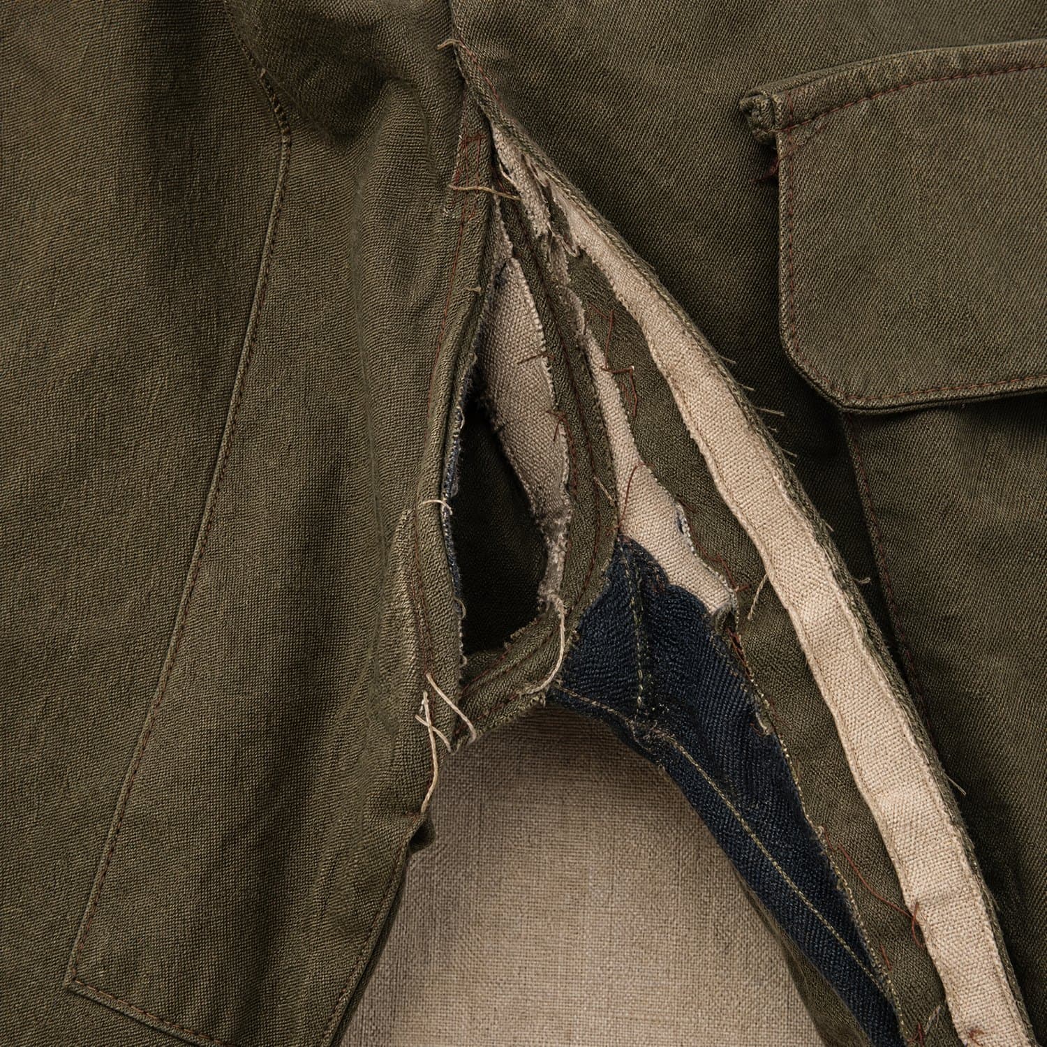 Split seam: The cloth is intact; the thread holding two pieces together has gone.