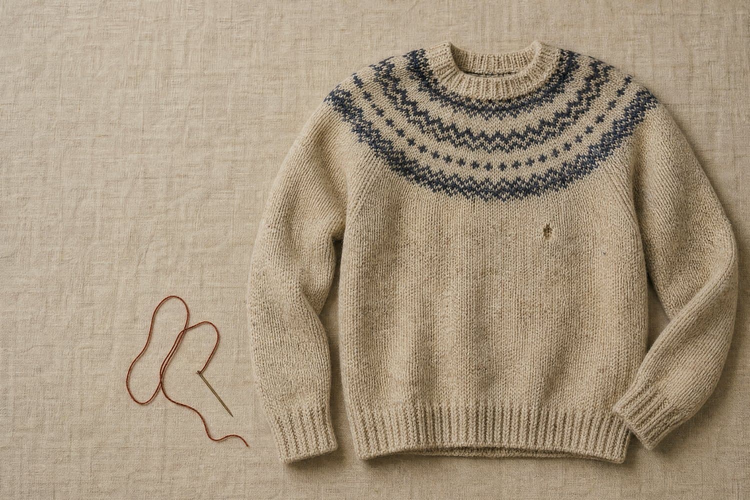 A hand-knitted oatmeal wool jumper laid flat on unbleached linen, with a small moth hole on the chest and a length of madder thread and a brass needle resting beside it