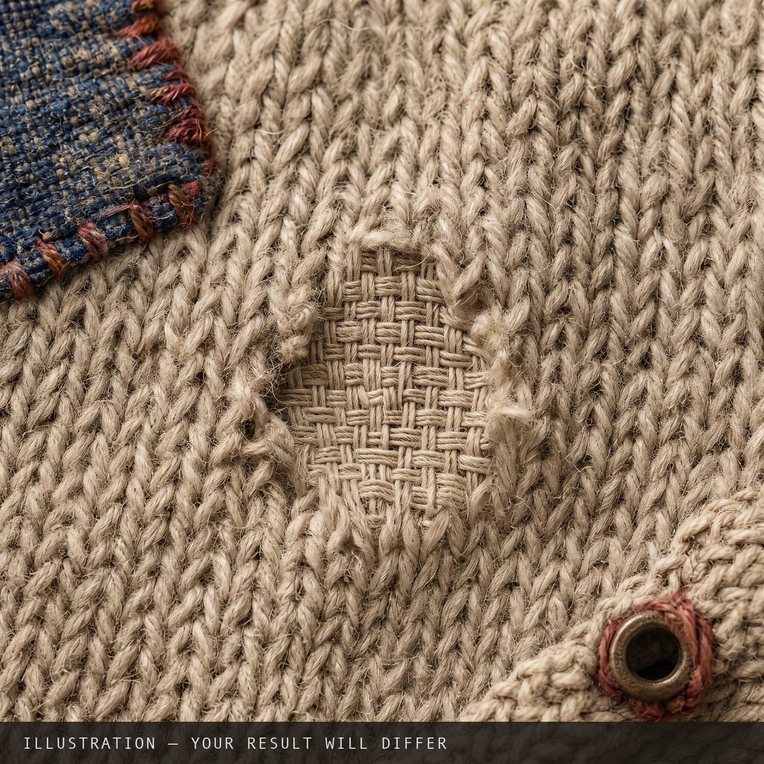 The moth hole closed with fine darning in matching wool, woven in the direction of the knit