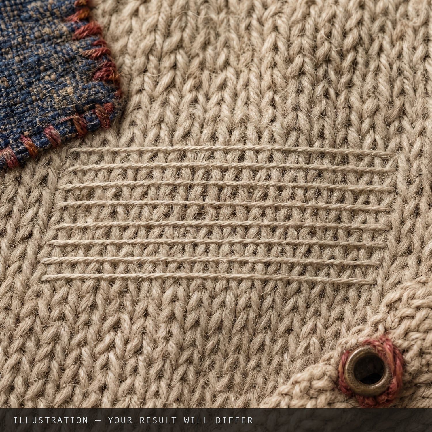 The area around the hole stabilised with parallel rows of straight stitching in matching thread