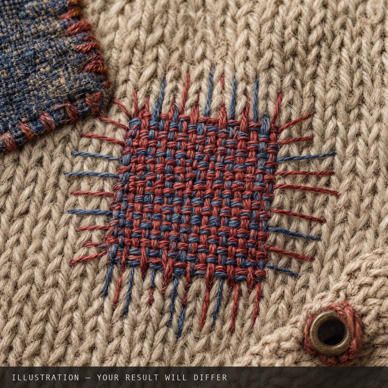 The hole deliberately mended with a woven darn in madder red and indigo wool, worked as a clean rectangle